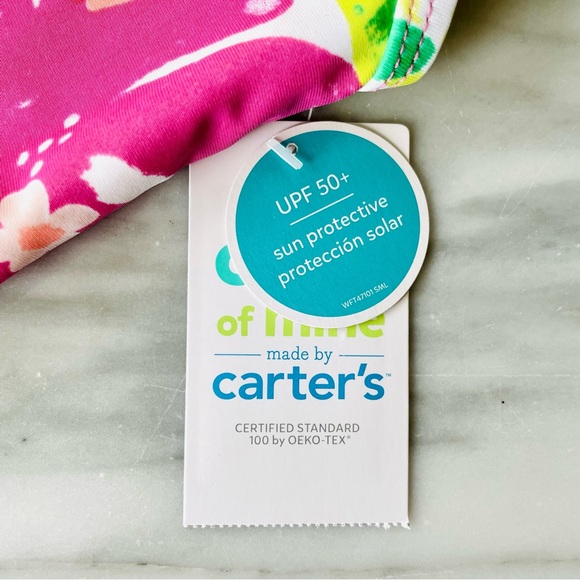 Carter’s•NWT•12m•1-Piece Floral Swimsuit•Ruffled Front+Straps~Bow•Diaper Snaps - Picture 9 of 12